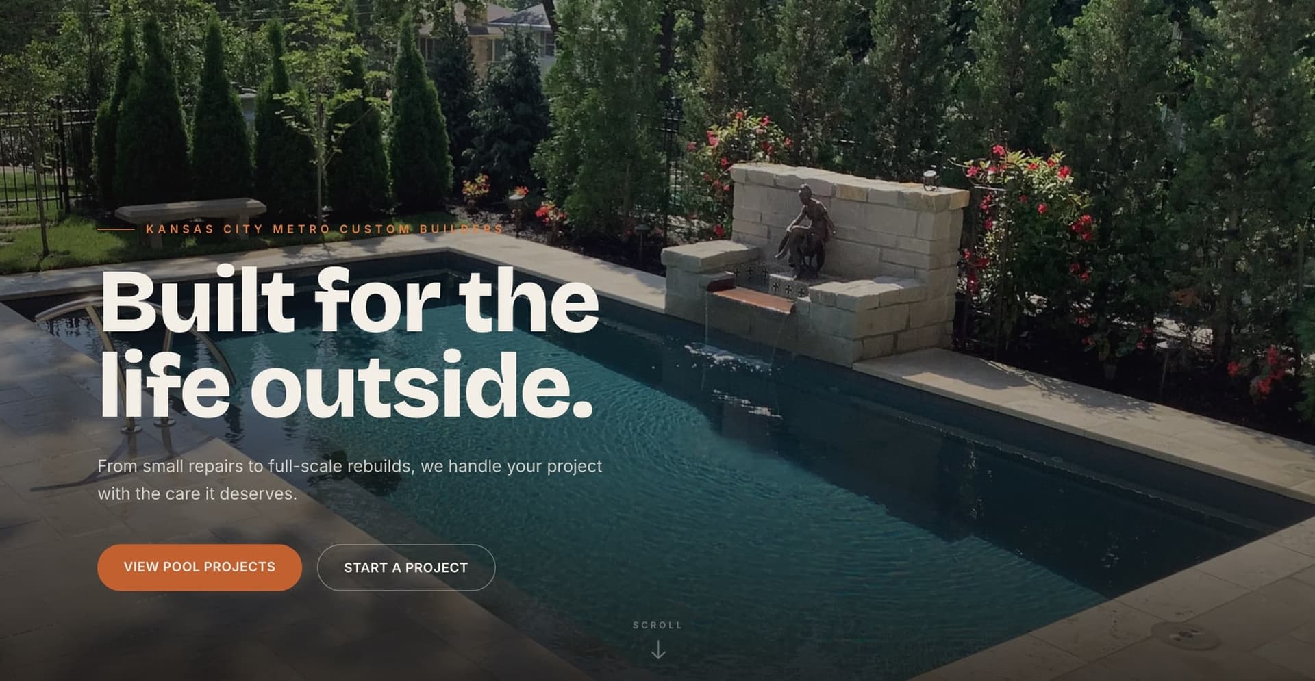 Jaeli Construction home page: a custom pool and outdoor living build behind the headline "Built for the life outside."